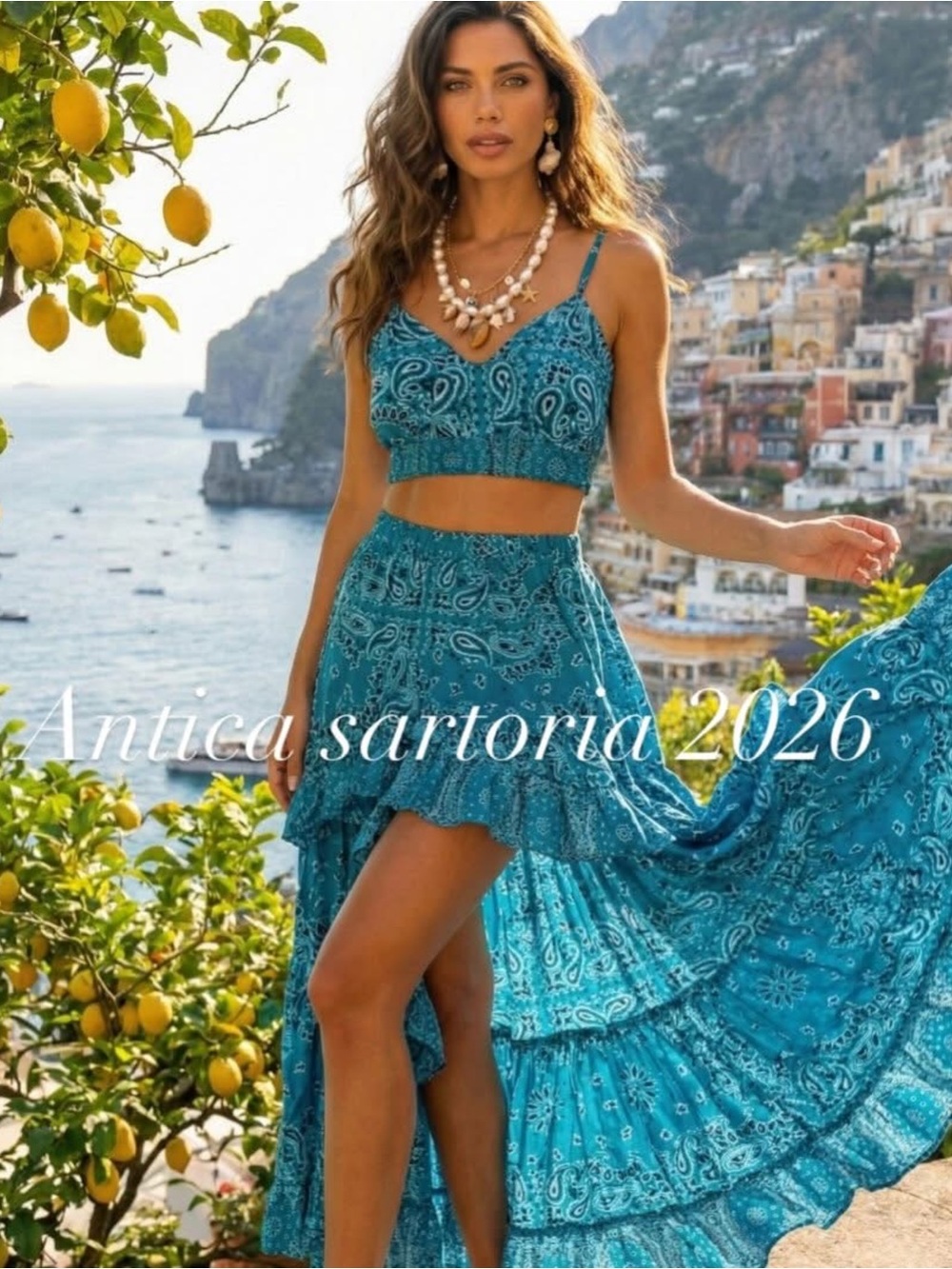 Antica Sartoria 2026 Teal Paisley Crop Top & Maxi Skirt Set NWT O/S